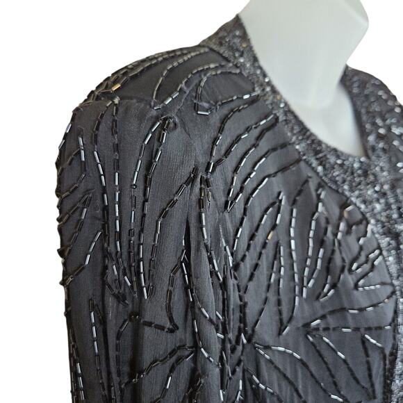 Vintage Beaded Silk Jacket Duster Coat Large Elegant Black Party Wedding Blazer - Picture 13 of 16